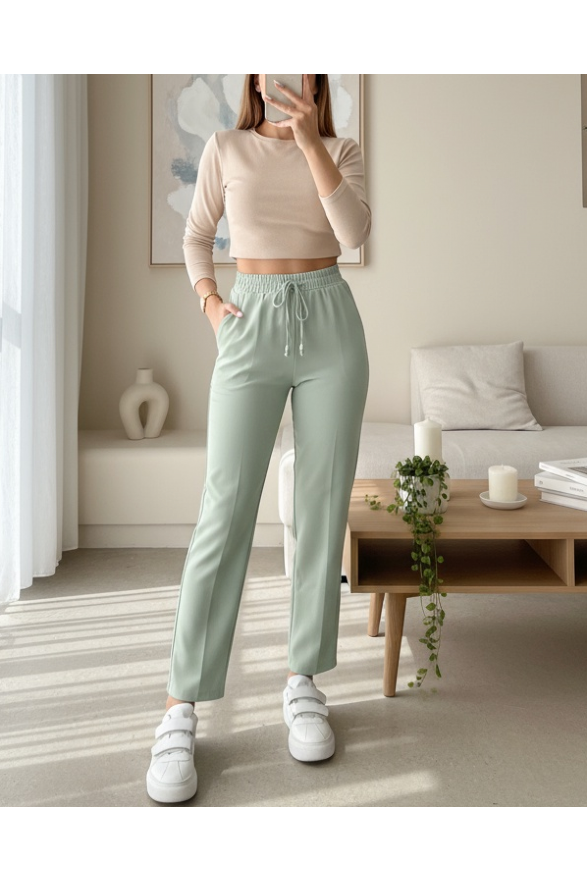 Elastic Waist Double Pocket Lacing Detail Trousers       -Sea green