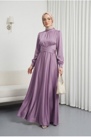 Beli Çapraz Bağlamalı Yuvarlak Yaka Saten Elbise  -G.Kurusu
