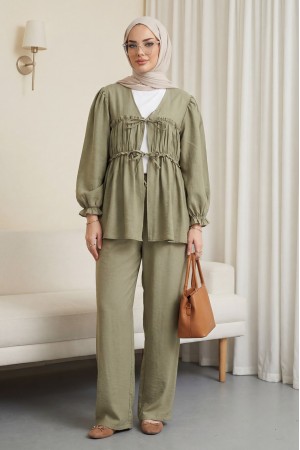 Önü Bağcıklı Büzgülü Kolu Lastikli Modal Takım  -Haki