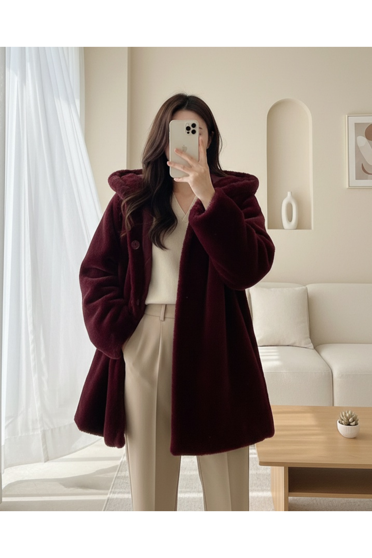 Kapşonlu Önü Düğmeli Astarlı Peluş Kaban -Bordo