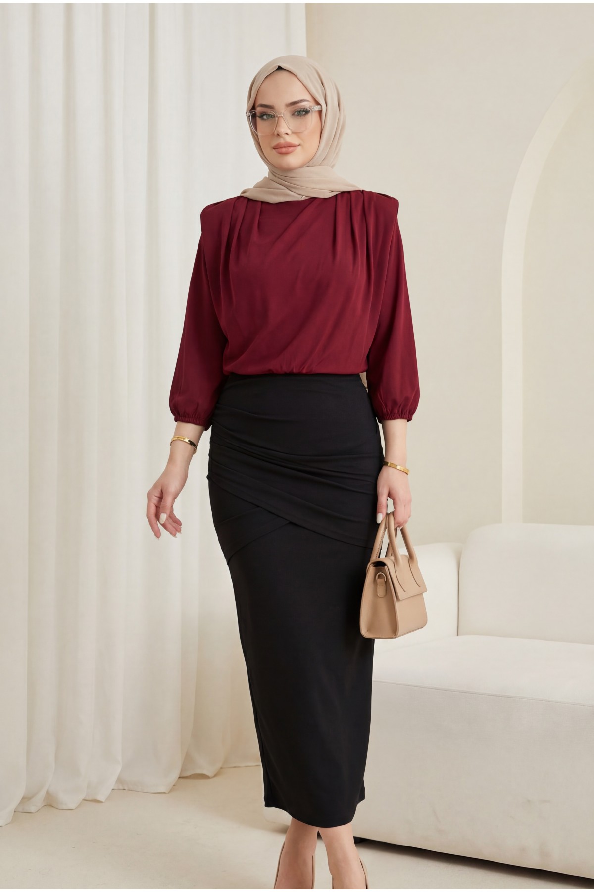 Sendy Blouse with Overalls Inside, Gathered Shoulder and Padding  -Maroon