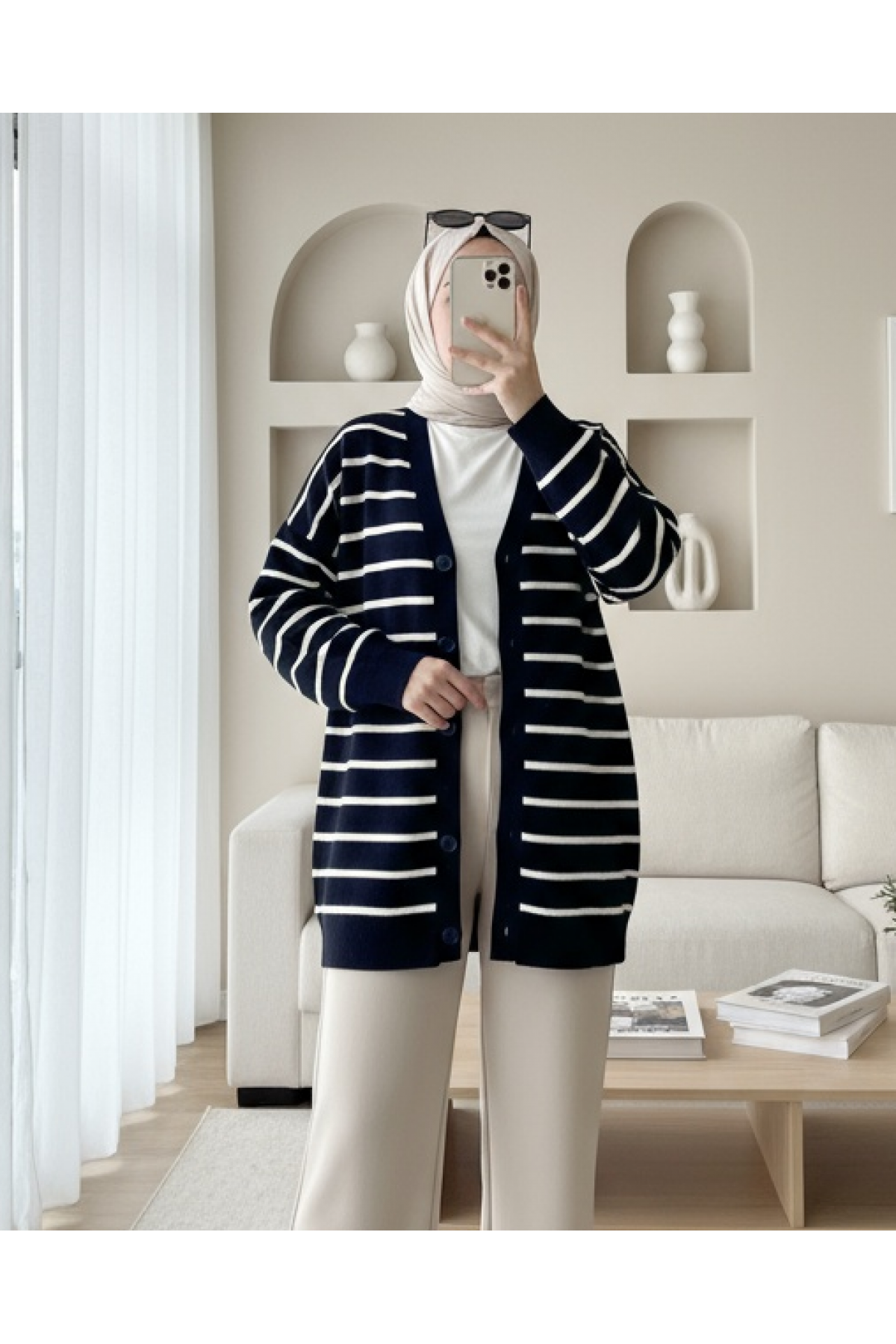 Striped Buttoned V -Navy blue