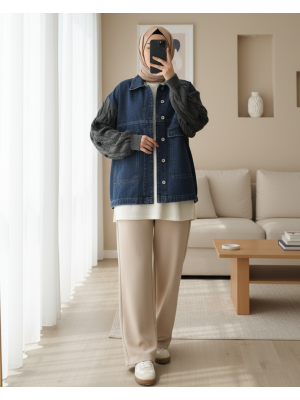 Kadın Triko Kol Detaylı Denim Ceket -32041CKT