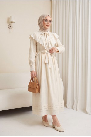Yakası Ve Beli Bağlamalı Fistolu Astarlı Krinkıl Elbise -Taş