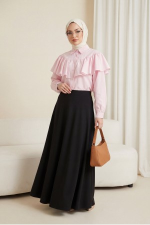 Önü Ve Omuzu Fırfır Detaylı Poplin Gömlek Bluz -Pembe