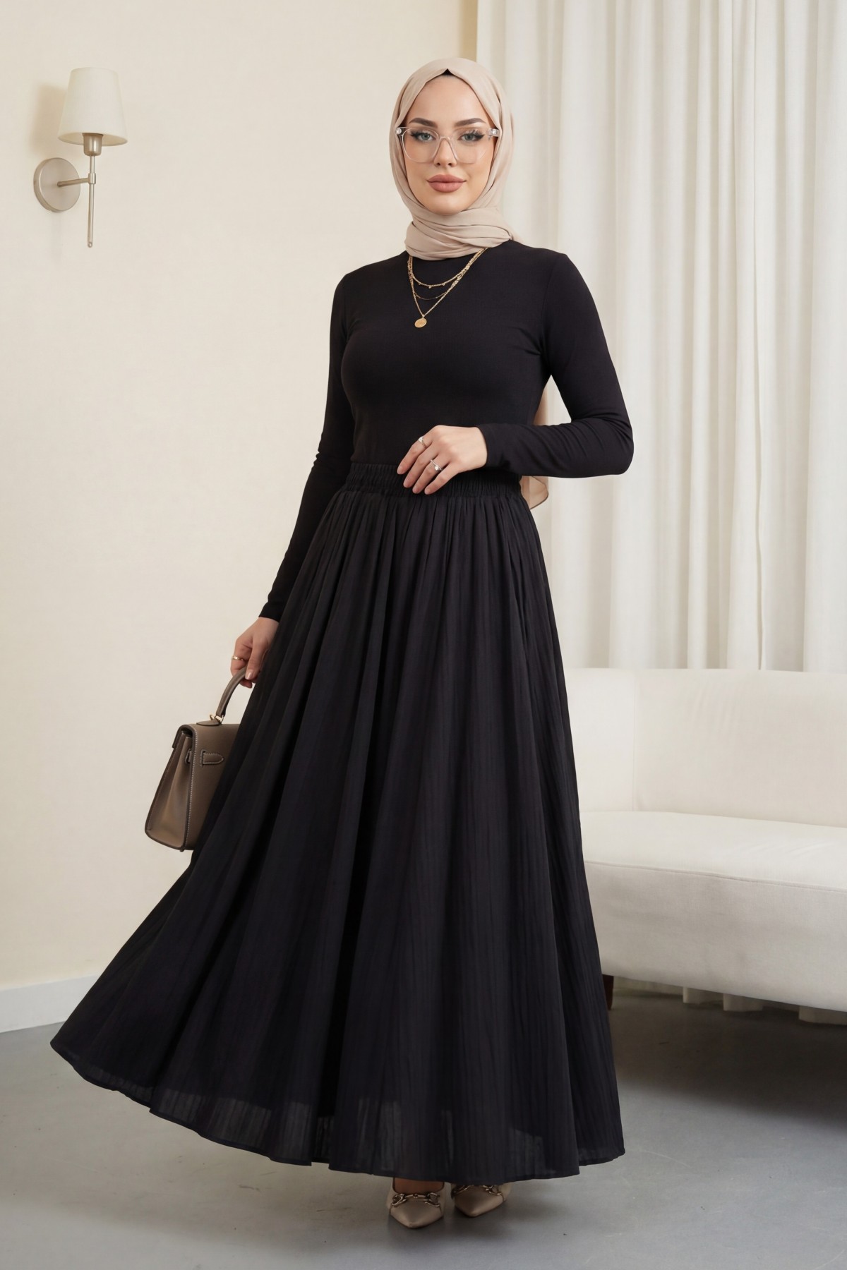 Long, Lined, Elastic Waist Waffle Skirt -Black
