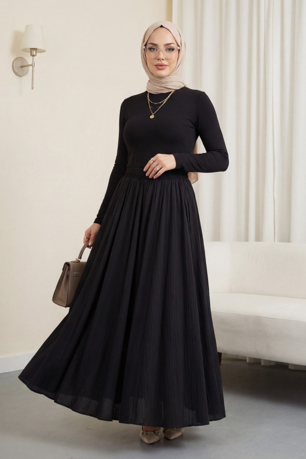 Long, Lined, Elastic Waist Waffle Skirt -Black