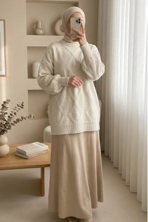 Baklava Desenli Yumoş Triko Tunik  -Taş