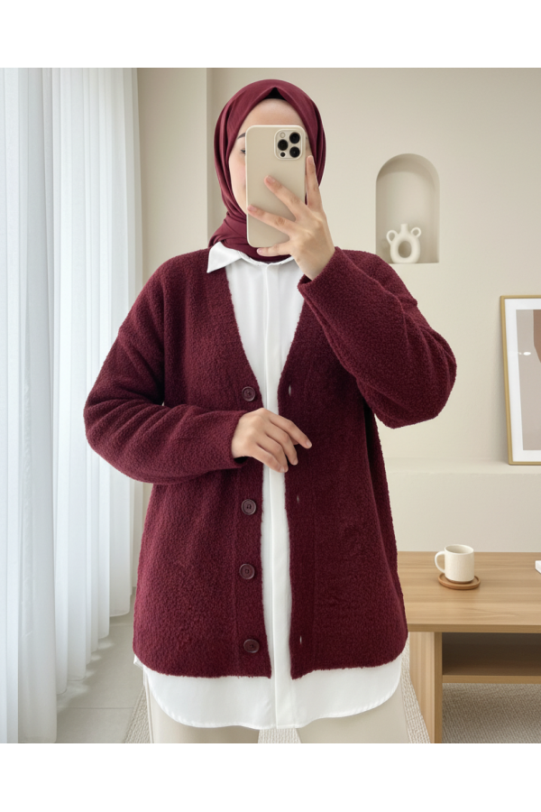 Buttoned Casual Knit Cardigan -Maroon