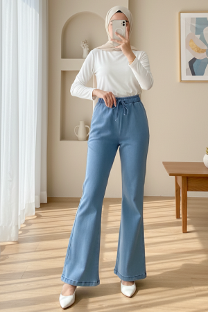 Beli Lastikli Bağcık Detaylı İspanyol Paça Kot Pantolon -Buz Mavi
