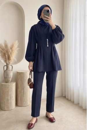 Taşlı Düğmeli Kolu Lastikli Double Pantolonlu Takım  -Laci