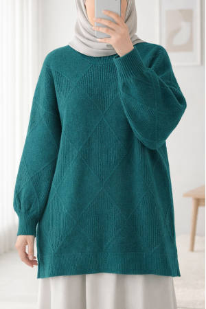 Round Neck Diamond Pattern Slit Knitwear Sweater   -Emerald
