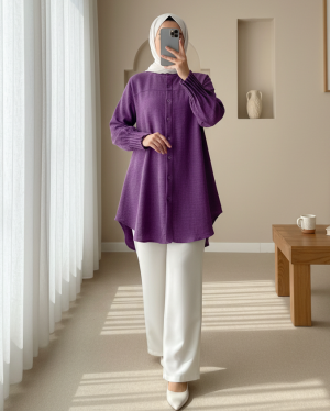 Kol Manşeti Drapeli Oval Kesim Gömlek          -Mor