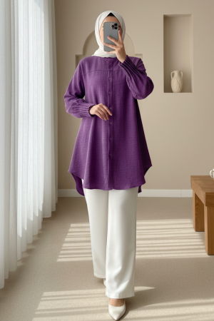 قميص بيضاوي الشكل ملفوف بأكمام الكفة          -بنفسجي