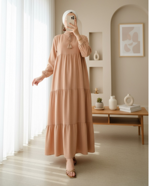 1627 Yaka Bağcıklı Tesettür Elbise - D.Vizon