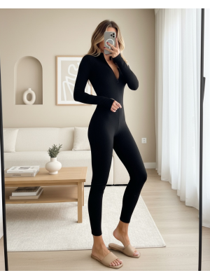 Women's Long Sleeve V Neck Fingerless Detail Camisole Jumpsuit