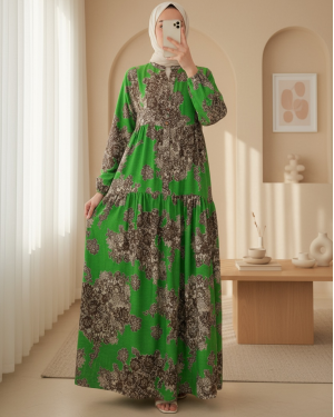 2423 Otantik Desenli Tesettür Elbise - Siyah - Yeşil