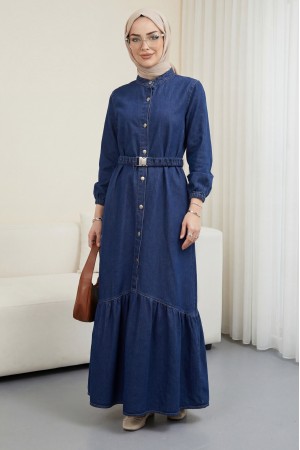 Lastik Kemerli Düğmeli Uzun Kot Elbise  -Laci