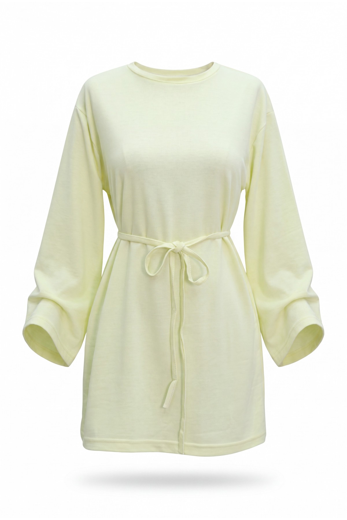 Round Neck Tied Waist Combed Cotton Tunic  -Light yellow