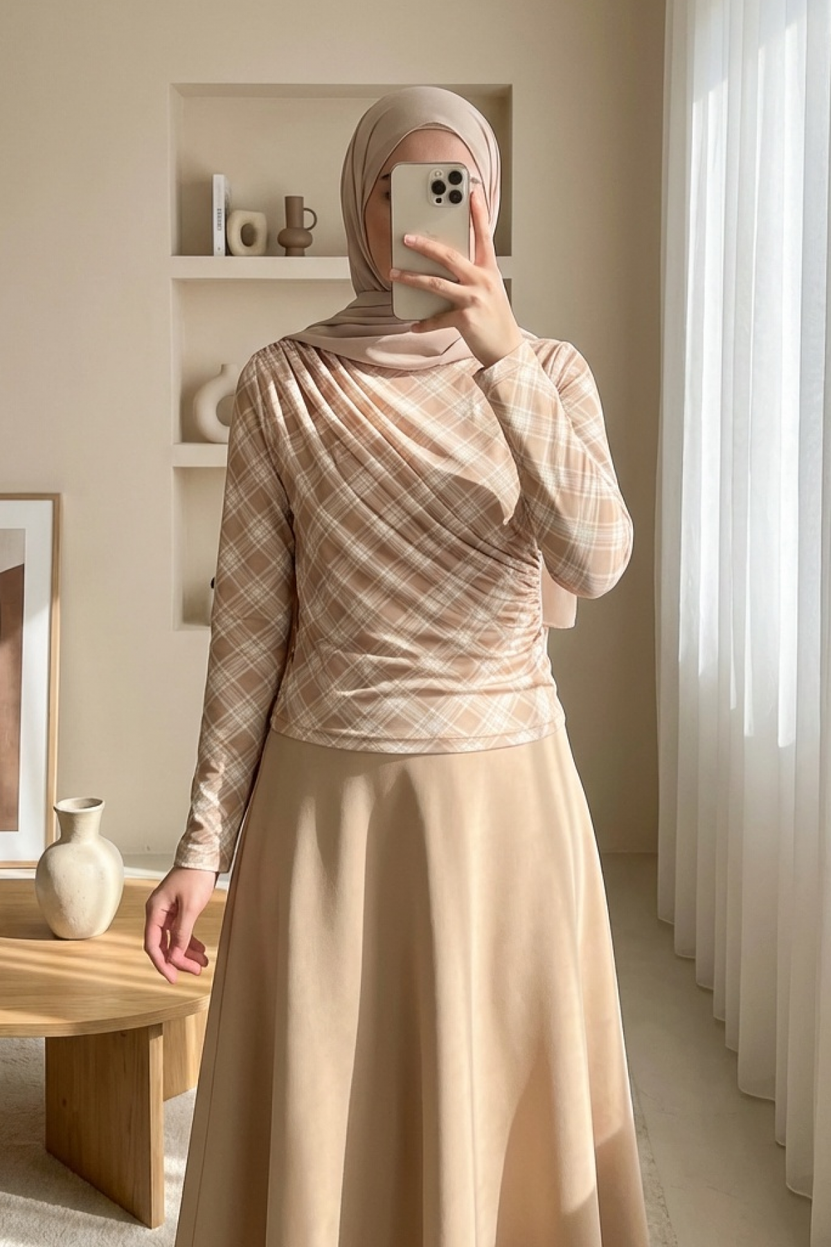 Side Gathered Plaid Blouse - Beige