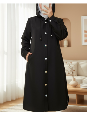 Astarı Çizgili Yan Cepli Kapşonlu Trençkot -Siyah