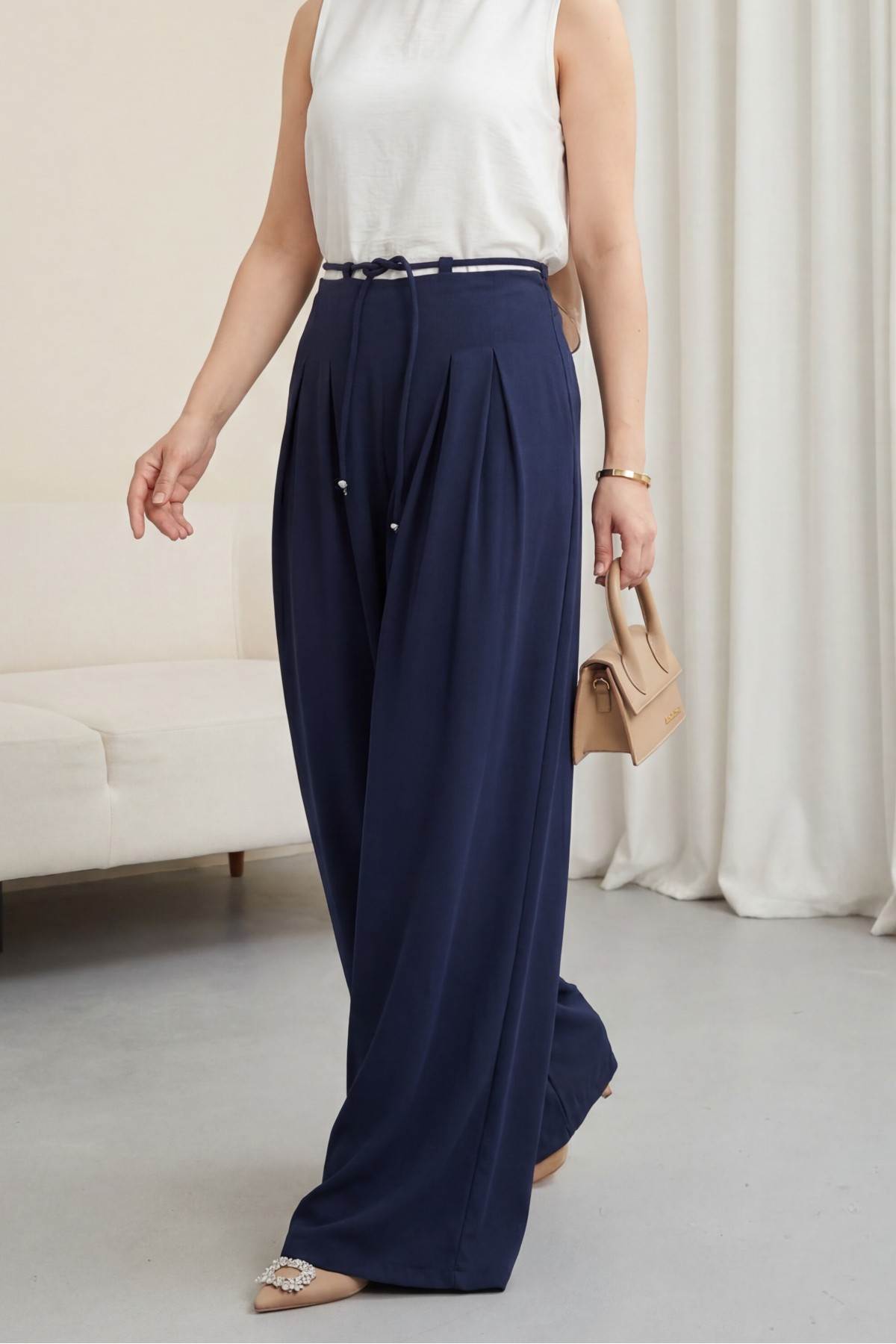 Imported Crepe Pants with Drawstring Waist and Wide Legs -Navy blue