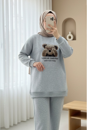 Ayıcık Baskılı Şardonlu 3 İplik Sweat Takım  -Açık Gri