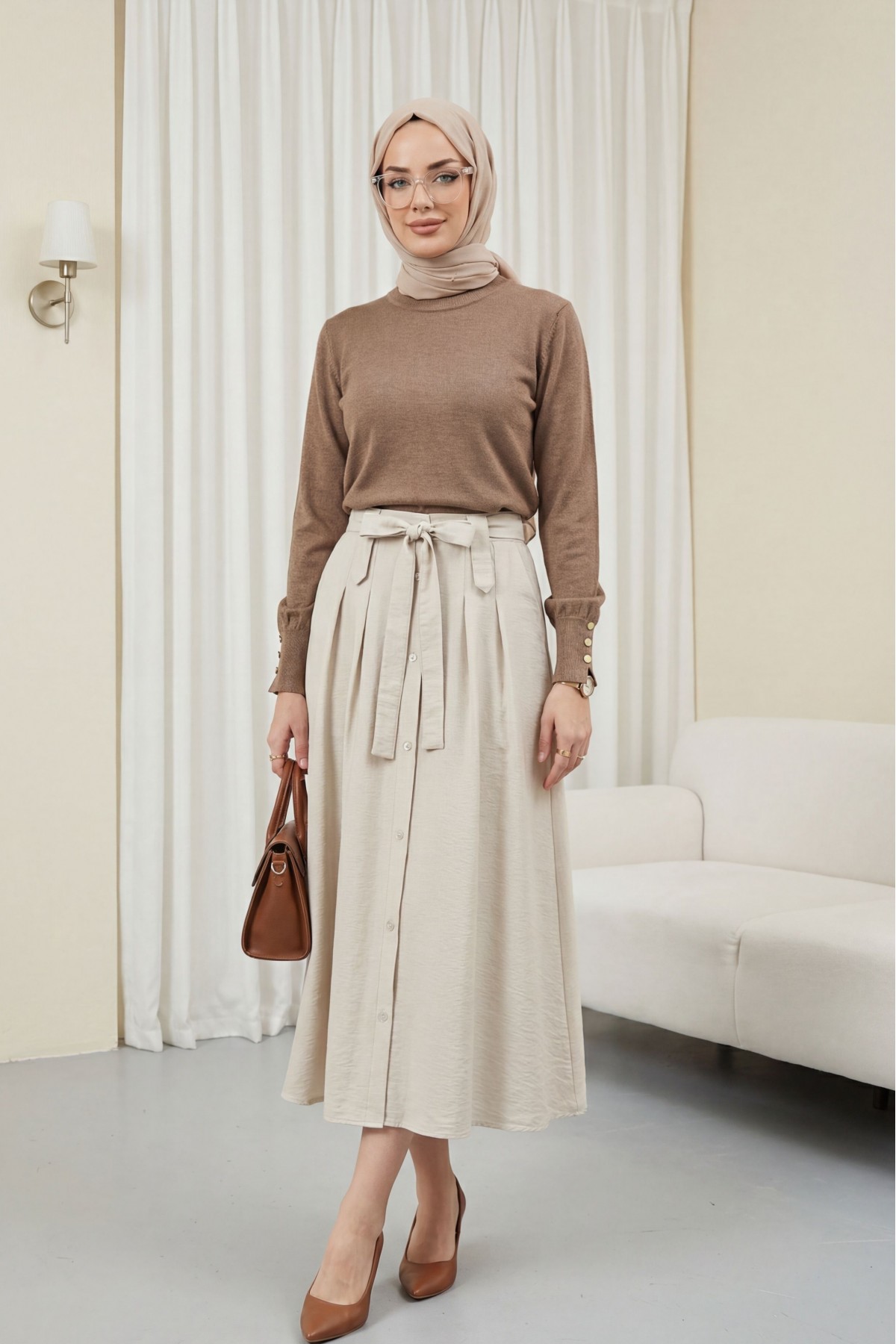 Round Neck Knitted Tunic with Button Detail on Sleeves  -Mink color
