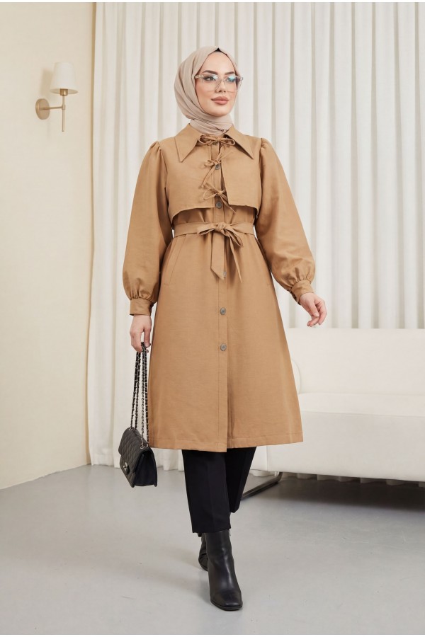 Front Tie Detail Buttoned Pocket Trench Coat -Snuff