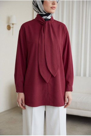 Yakası Bağlamalı Düğmeli Oversize Poplin Gömlek -Bordo