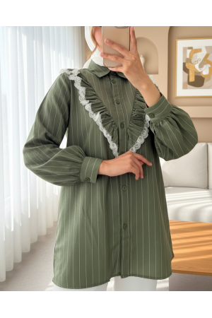 Buttoned Front Laced Ruffle Striped Shirt -Khaki