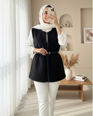 Waist Belted Double Pocket Lined Plush Vest -Black