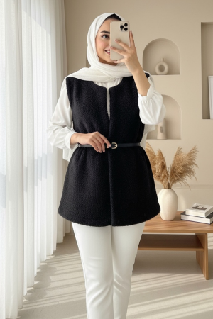 Beli Kemerli Çift Cepli Astarlı Peluş Yelek -Siyah