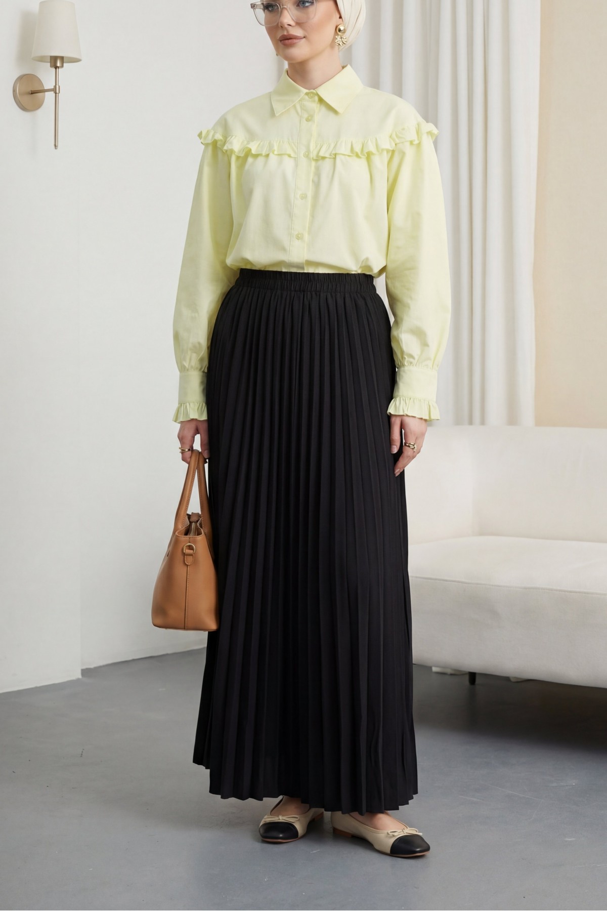 Short Shirt with Ruffle Detail and Button Closure -Yellow