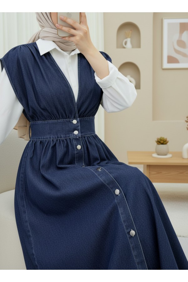 Buttoned V Neck Zero Sleeve Denim Vest -Navy blue