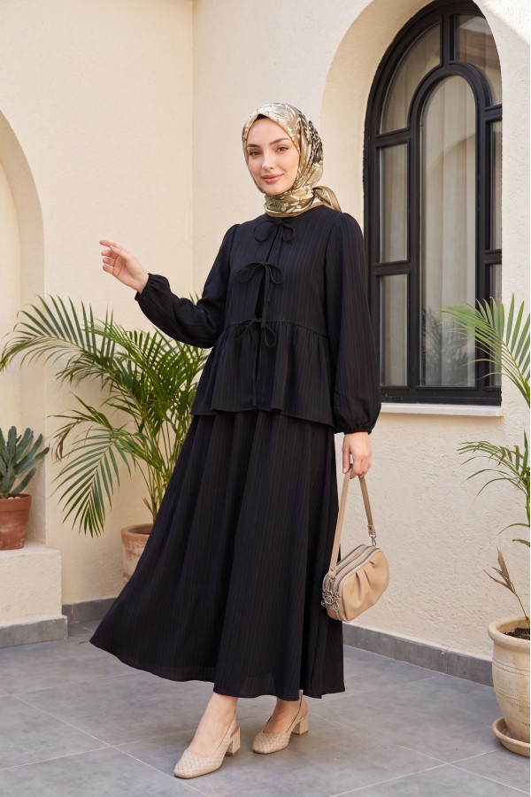 Önü Bağlamalı Kolu Lastikli Etekli Krinkıl Kimono Takım -Siyah