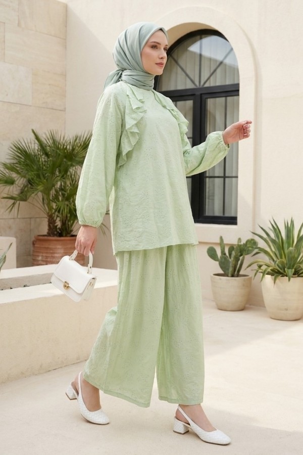 Crew Neck, Front Ruffled, Lined, Elasticated Sleeve Voile Set -Sea green