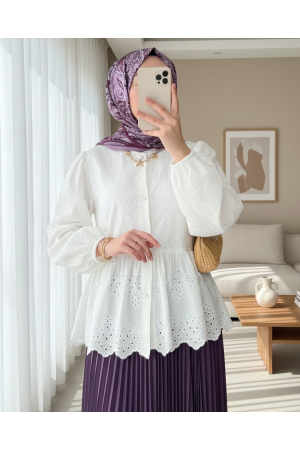 Kolu Lastikli Ajurlu Düğmeli Astarlı Gömlek -Beyaz
