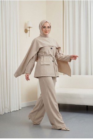 Cep Detaylı V Yaka Bağcıklı Fularlı Paraşüt Takım  -Taş