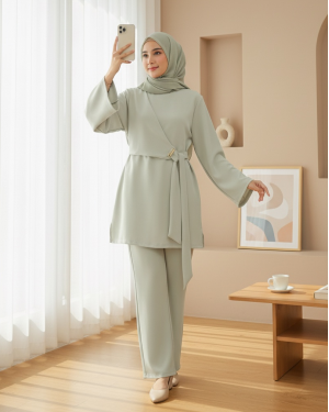 بدلة غوص ذات واجهة أمامية متقاطعة وشق -اللون البيج