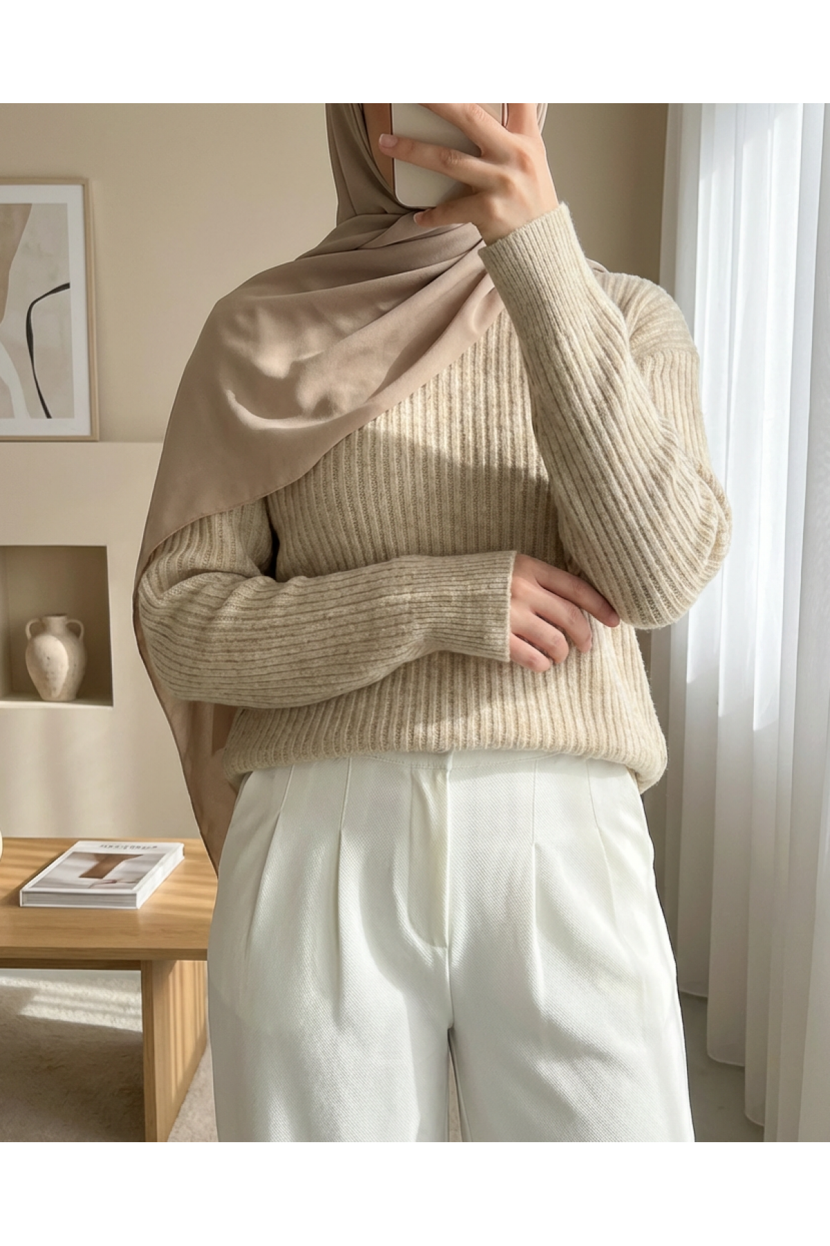 Long Ribbed Knit Sweater - Beige