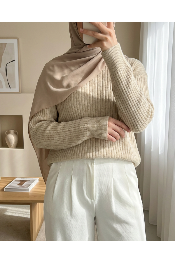 Long Ribbed Knit Sweater - Beige