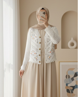 Çiçek Nakışlı Ponponlu Ajurlu Triko Hırka  -Ekru