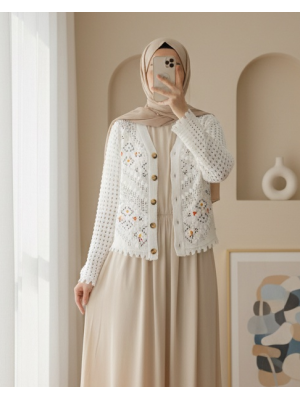 Çiçek Nakışlı Ponponlu Ajurlu Triko Hırka  -Ekru