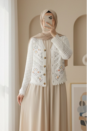 Floral Embroidered Pompom Openwork Knitted Cardigan  -Ecru