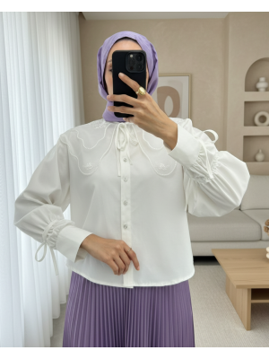 Organze Yaka Kolu Bağlama Detaylı Gömlek -Beyaz