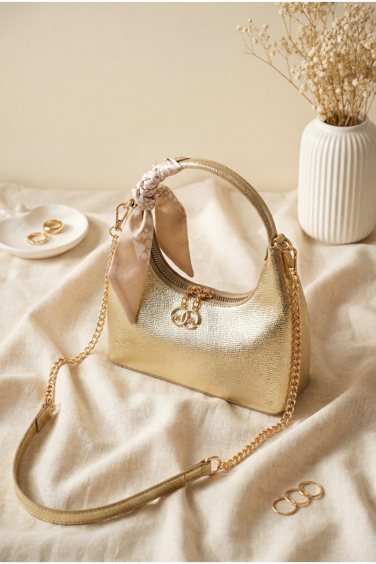 Scarf Detail Chain Strap Shoulder Bag -Gold
