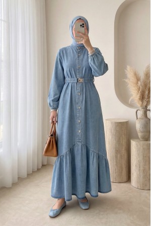 Lastik Kemerli Düğmeli Uzun Kot Elbise -Buz Mavi