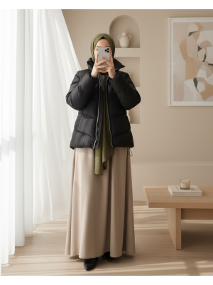 5205 Dik Yaka Fermuarlı Şişme Mont - Siyah