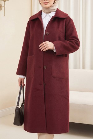 Boydan Düğmeli Cepli Kaban  -Bordo